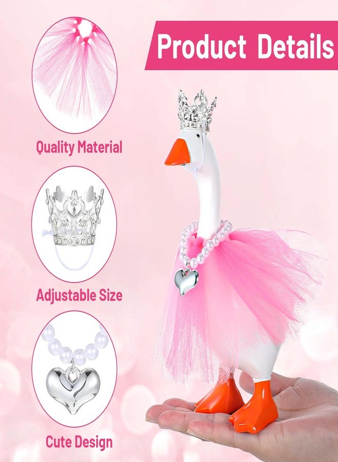 Apausvcm 3 Pcs 7 Inch Desk Goose Outfits with Rhinestone Tiara Crown Necklace Tutu Dress, Magnetic Goose Key Holder Gooses Statue Decor Accessories Cute Sily Porch Gooses Princess Costumes (Pink) - Image 3